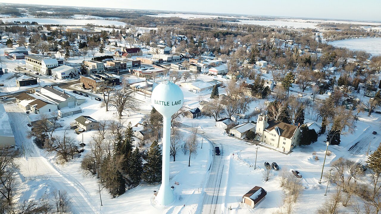 Battle Lake from the air in winter, with the town water tower