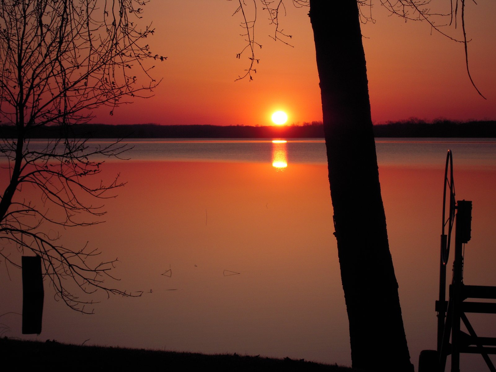 Sunset over South Turtle Lake, seen through the trees on the island